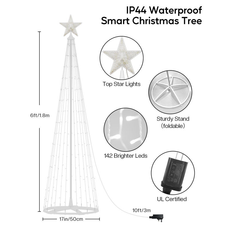 Arbre de Noël à DEL intelligent de 6 pi avec éclairage extérieur, arbre de Noël Bluetooth avec lumières, minuterie imperméable, application et télécommande 16 millions de couleurs à DEL, décorations de jardin