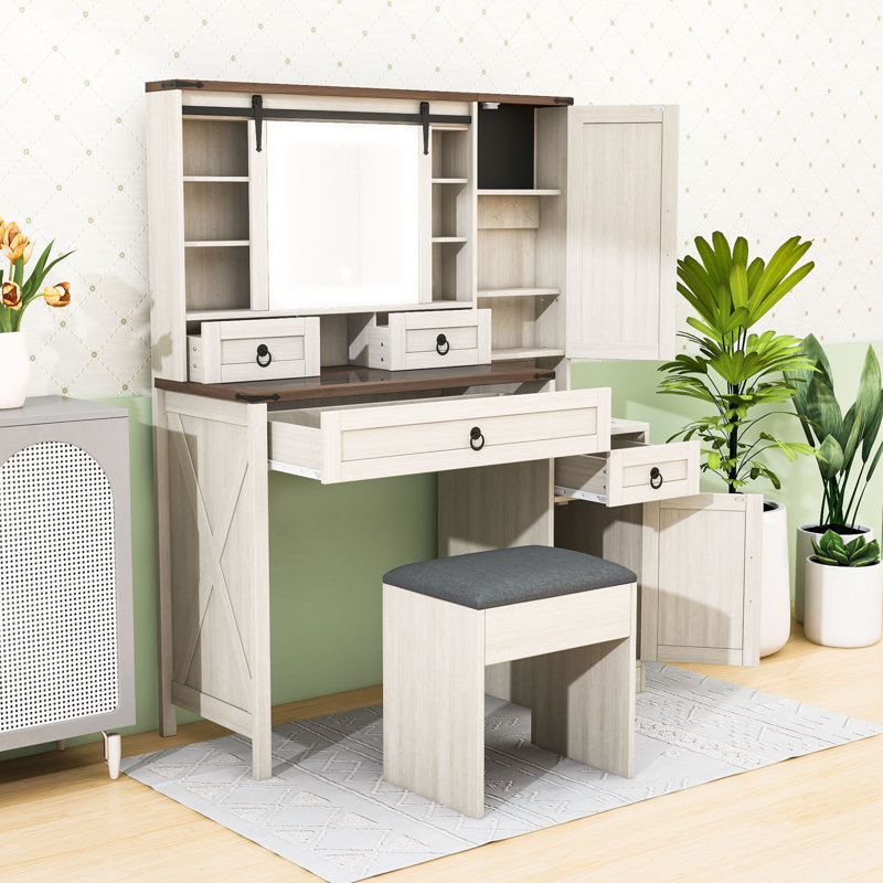 Vanity Desk with Sliding LED Mirror, Charging Station, 4 Drawers and 2 Cabinets, White
