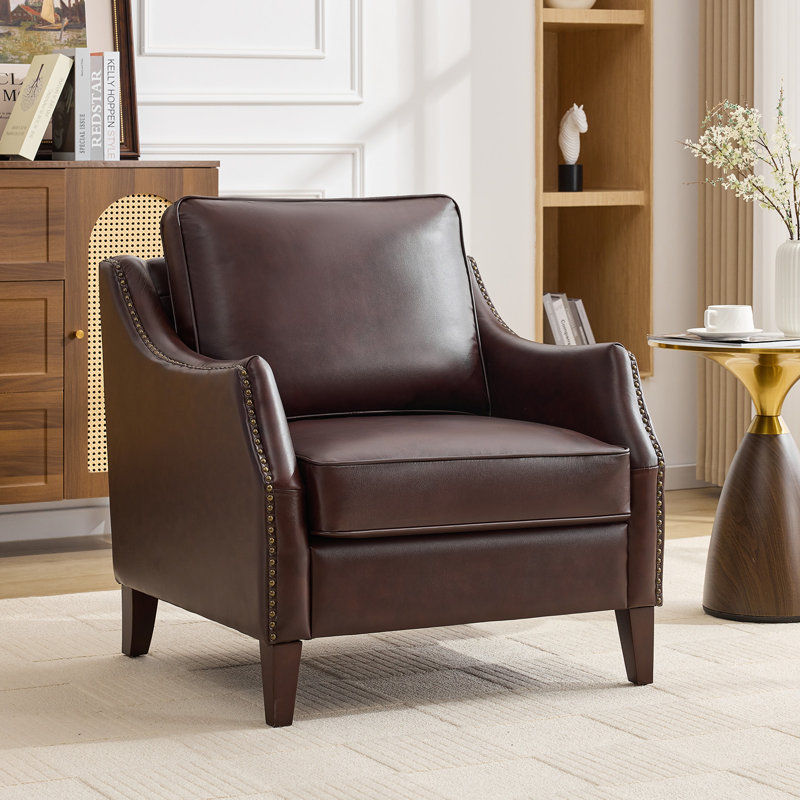 33.4" W Genuine Leather Upholstered Accent Armchair, Red Brown