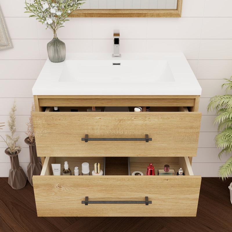 Meuble-lavabo mural 30 po avec lavabo en acrylique renforcé Victoria, Chêne