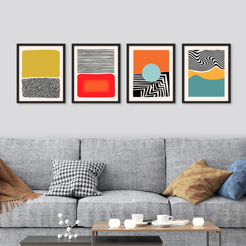 «Mid-Century Modern 1980s», reproduction géométrique encadrée de 4 pièces, H 14 po x l 11 po x P 1 po, Cadre blanc