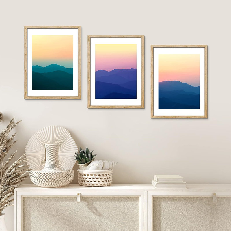 IDÉE4WALL, art mural encadré paysage de montagne, ensemble de 3 impressions murales arc-en-ciel vibrant SunSundown, décoration murale nature sauvage pour salon, chambre à coucher, 3 pièces