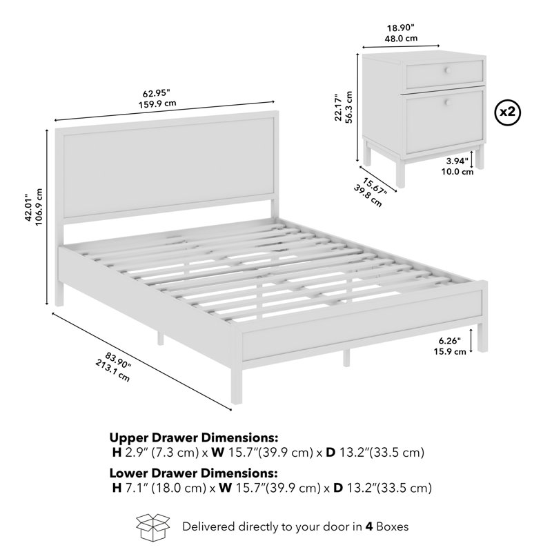 Grand lit plateforme Almodovar avec ensemble de 2 tables de chevet avec tiroirs, mobilier de chambre