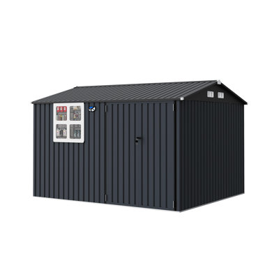 8x6 FT Metal Storage Shed w/ Window & Solar LED Light, Waterproof Garden Tool House, Lockable Door, Vented Roof for Backyard Patio