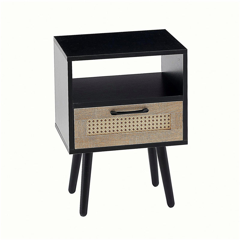Table de bout en osier de 15,75 po avec tiroir et pieds en bois massif, tête de lit moderne, salon, table d'appoint de chambre à coucher, noir