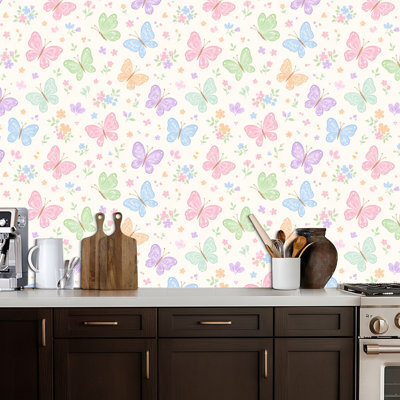 Papier peint adhésif auto-adhésif à motif de fleurs en pastel à motif de papillons multicolores, papier peint à peler et coller, 24 po x 118 po