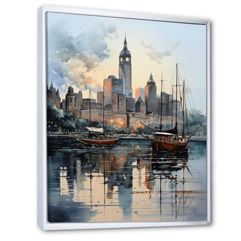Impression sur toile Laquita New York Harbor Twilight, H 20 po x l 12 po x P 1 po, Cadre flottant blanc