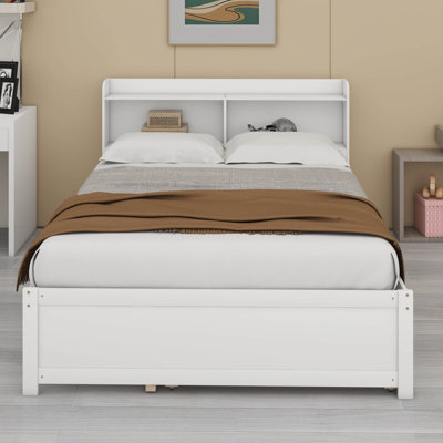 Full Bed With Trundle And Storage Headboard, Wood Bed With Headboard And Storage Bookcase For Teens,Adults