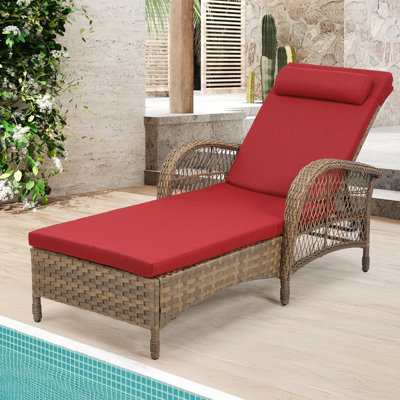 Outdoor Wicker Chaise Lounge Chair, All Weather Rattan Patio Lounger Chair with Pillow, 6-Position Adjustable High Back, Pool Sunbathing Reclining Chair with Armrest for Garden Deck, Red