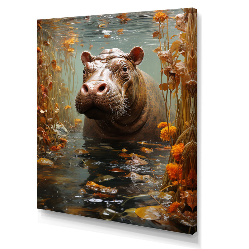 Hippopotame gris - Gardien de la savane II - Hippopotame, Toile tendue, H 40 po x l 30 po x P 1,5 po