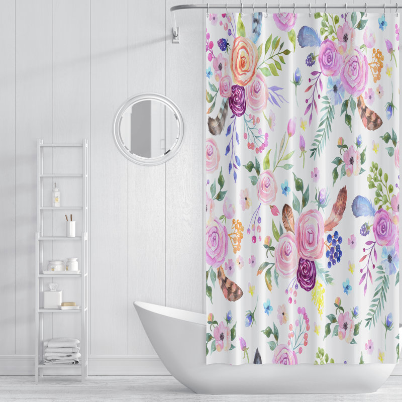 Rideau de douche simple floral + crochets, H 83 po x l 70 po