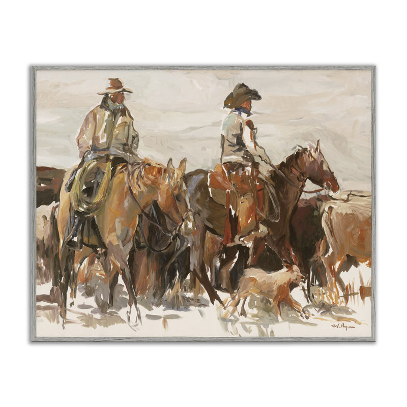 Cowboys and Horses Farm Western, peinture grise surdimensionnée rustique, art numérique sur toile par Marilyn Hageman