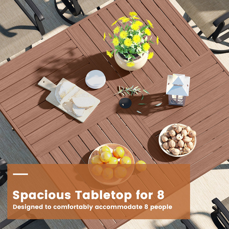8-Person Patio Dining Set with 59" Square Table and Umbrella Hole + 8 Swivel Chairs, Brush Wood Brown/Taupe