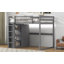 Lit mezzanine double en bois avec garde-robe intégré et tablettes de rangement, lumière DEL, gris