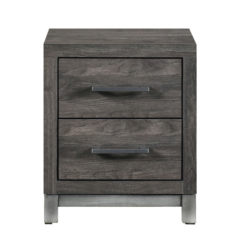 Table de chevet moderne avec deux tiroirs, accents gris brun et argent