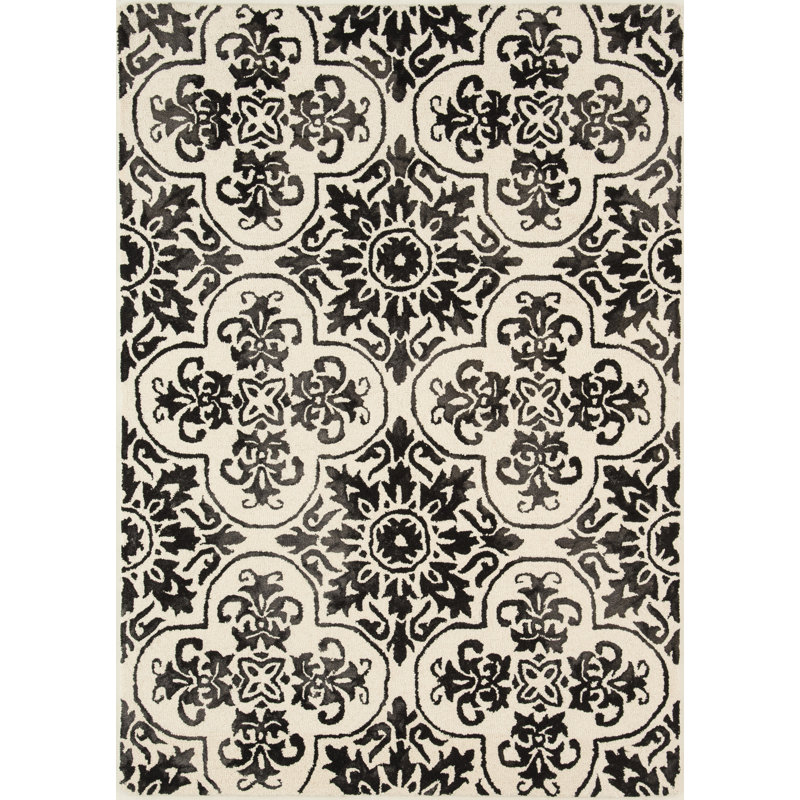 Tapis noir / blanc en laine tissé à la main Labriola, Rectangle 7 pi 6 po x 9 pi 6 po