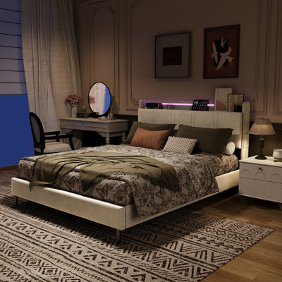 Upholstered Bed Frame with Charging Station & Headboard Storage, Hydraulic Lift-Up Base