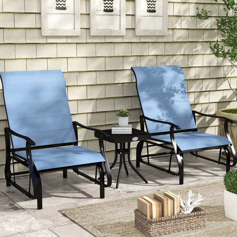 Blue 3 chaises d'extérieur. Structure en acier et table en verre trempé pour patio, jardin, cour. Glissement en douceur. Confortable avec dossier haut. Cadre. Assemblage l 26,28 po x P 30,5 po. H 39,23 po.
