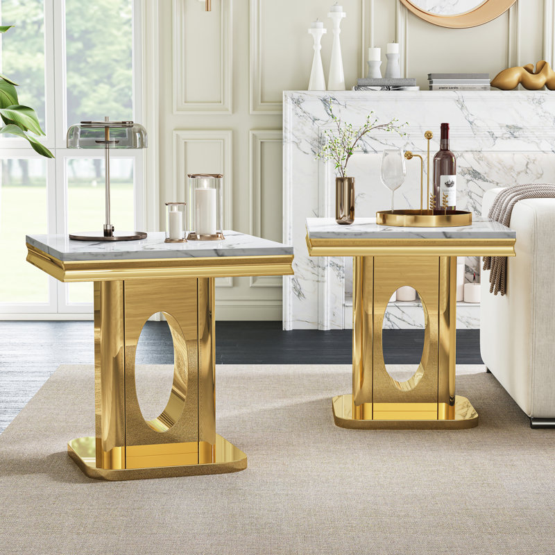 Ensemble de 2 tables de bout carrées en marbre avec plateau ovale en acier inoxydable 22,83 po, Blanc, Doré