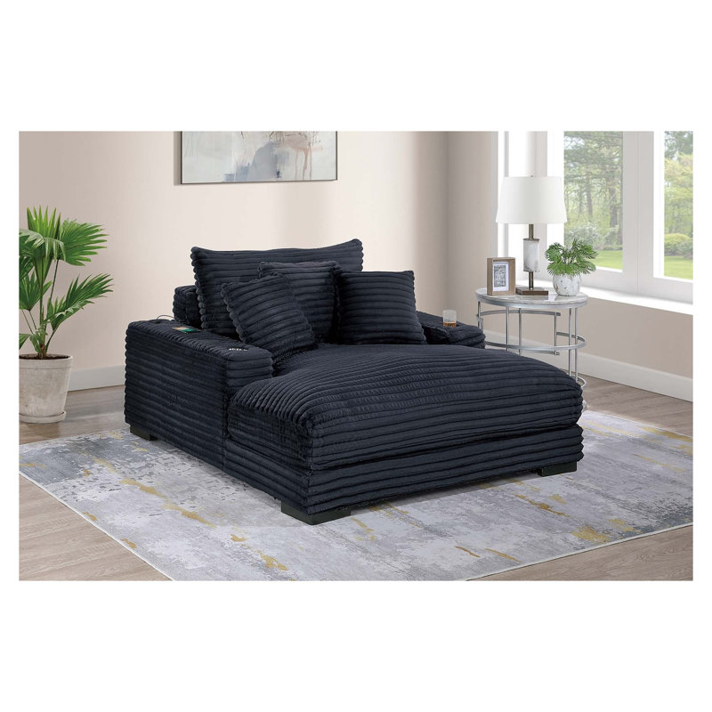 Chaise longue moderne en velours côtelé avec ports USB et porte-gobelets, canapé modulaire moelleux noir avec pieds et coussins en bois