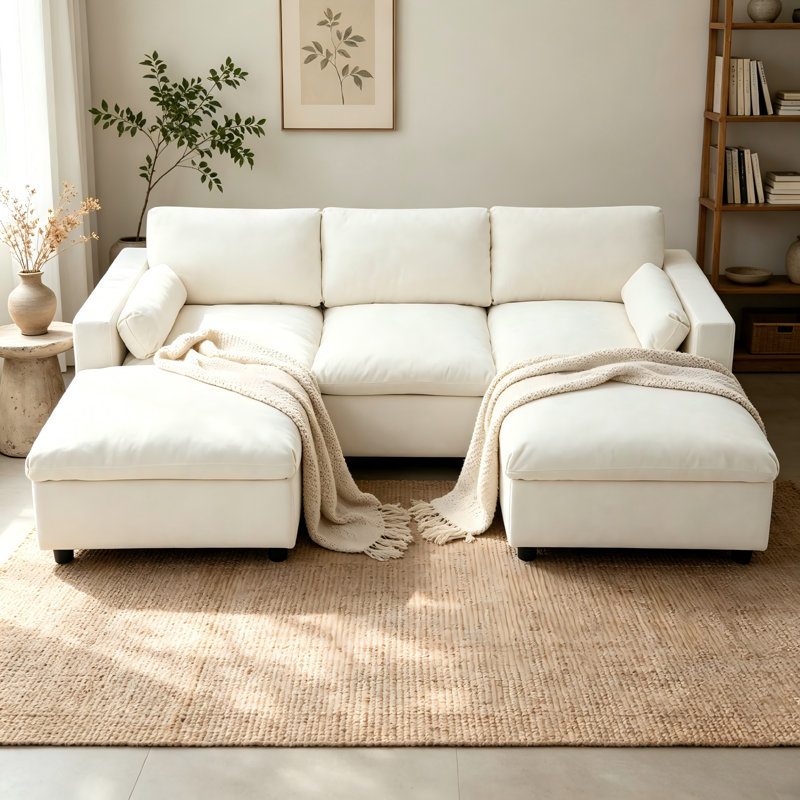 Canapé modulaire 86,5 po en forme de U avec poches de rangement et 2 repose-pieds mobiles, canapé en nuage de chenille 5 places