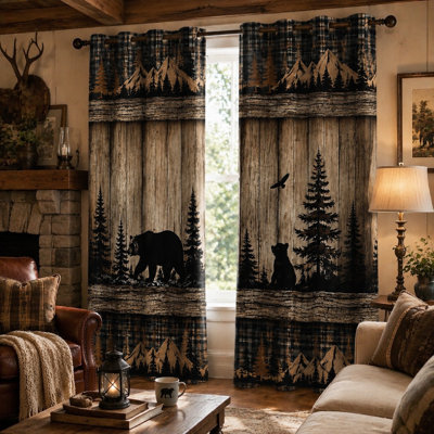 2Pcs Rustic Bear Forest Wood Plank Pattern Grommet Curtains, Vintage Woodland Wildlife Scene, Pine Trees Printed, Natural Outdoor Ambiance for Living Room Decoration for Home Dector