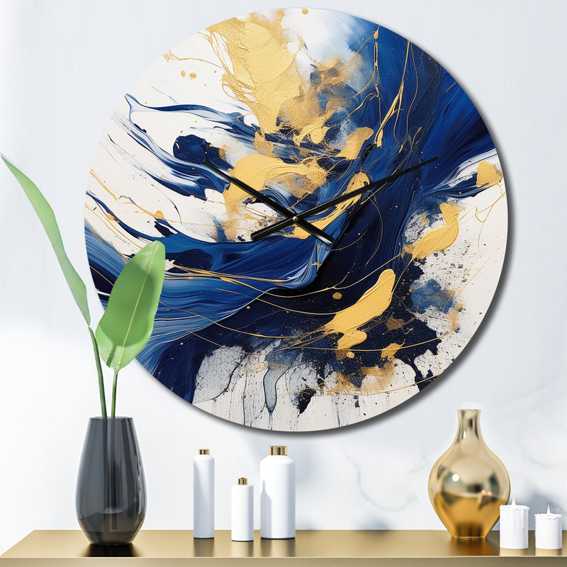 Dark Blue and Gold Strokes V Wall Clock, Medium