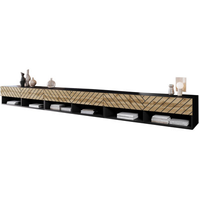 Lowboard Tv Cabinet "anne", With Mdf Doors, With Led Lighting, Matte Black With 3d Herringbone Pattern
