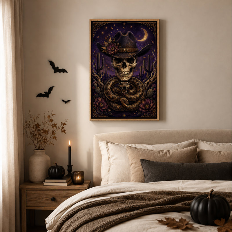 Impression sur toile mauve, crâne de cowboy, H 24 po x l 18 po
