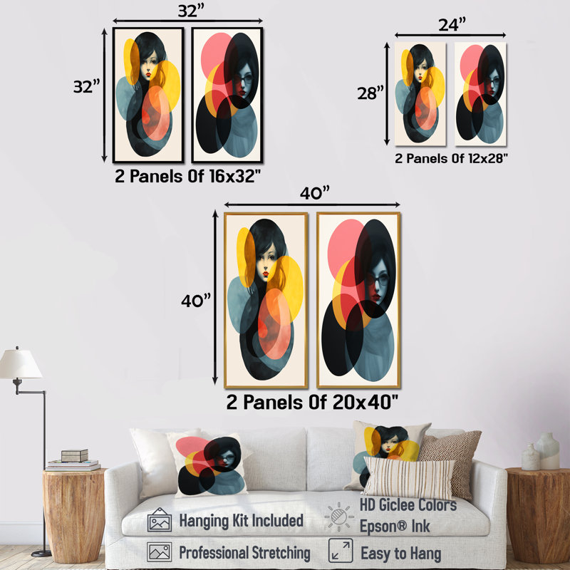 «Geometric Fusion Forms Woman Collage I», ensemble de 2 reproductions d'art sur toile, Cadre flottant doré, H 28 po x l 25 po