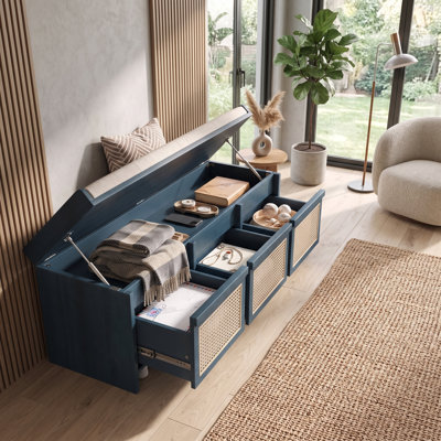 Banc à chaussures élégant avec rangement caché et tiroirs en rotin - Banc de rangement rétro pour couloir, vestibule et salon