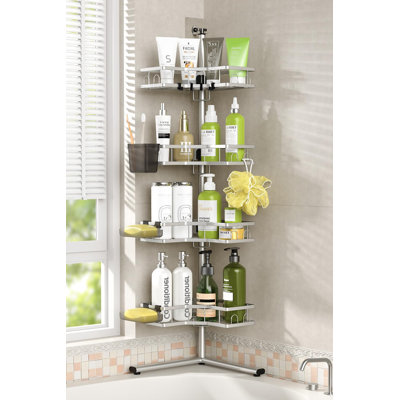 Étagère de douche d'angle sur pied - 4 niveaux antirouille, réglable, sans perçage, idéale pour les bouteilles de shampoing et de revitalisant hauts. Convient aux locataires, appartements, baignoires et douches à l'italienne.