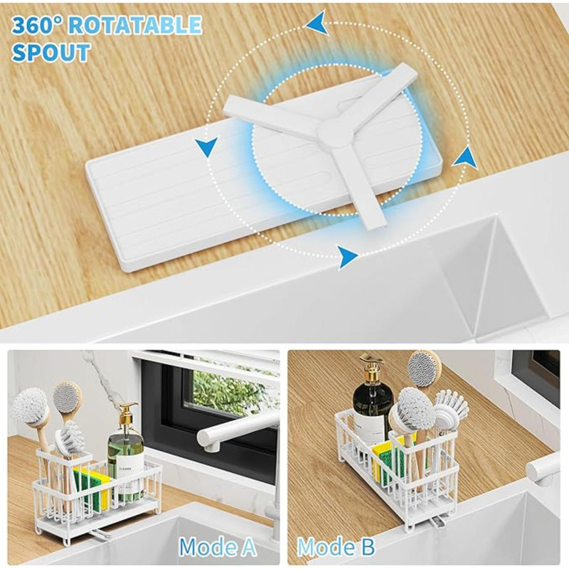 Porte-éponge pour évier de cuisine, support d'évier avec porte-brosse haute, séparateur d'organisateur de vaisselle en acier inoxydable 304 antirouille Organzier, rangement pour distributeur de savon (blanc)