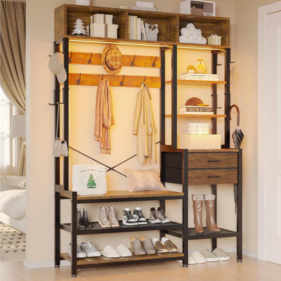 Hall Tree With Bench And Shoe Storage, 7-in-1 Entryway Bench With Coat Rack, 3 Storage Cubbies, 5 Storage Shelves, 17 Coat Hooks, 2 Fabric Drawers