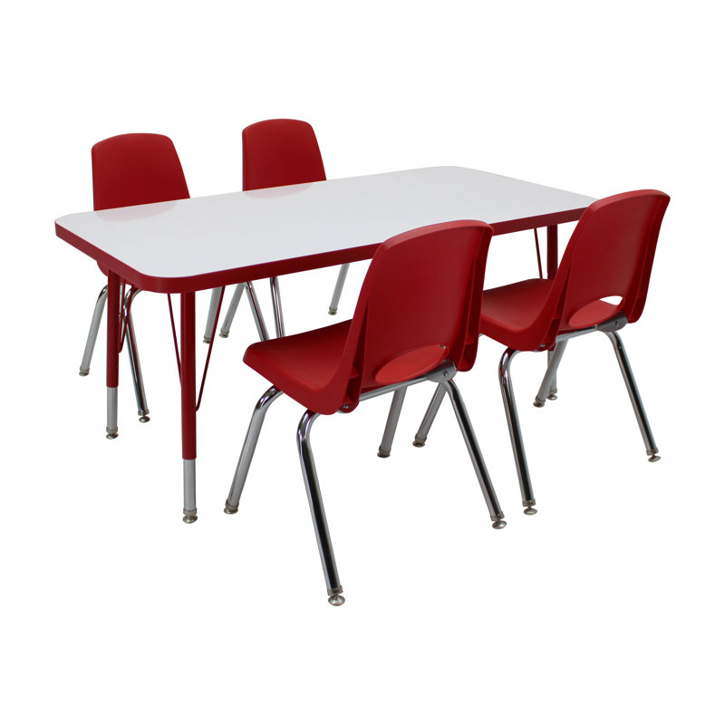 Ensemble de 5 tables d'activités rectangulaires effaçables à sec 24 "x 48" avec pieds standards et chaises empilables 14 "avec glissières pivotantes - tableau blanc / rouge