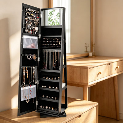 360 Degree Swivel Jewelry Armoire with Full Length Mirror, Standing Lockable Jewelry Cabinet Organizer, Large Storage Capacity with Inside Makeup Mirror and Back Storage Shelves