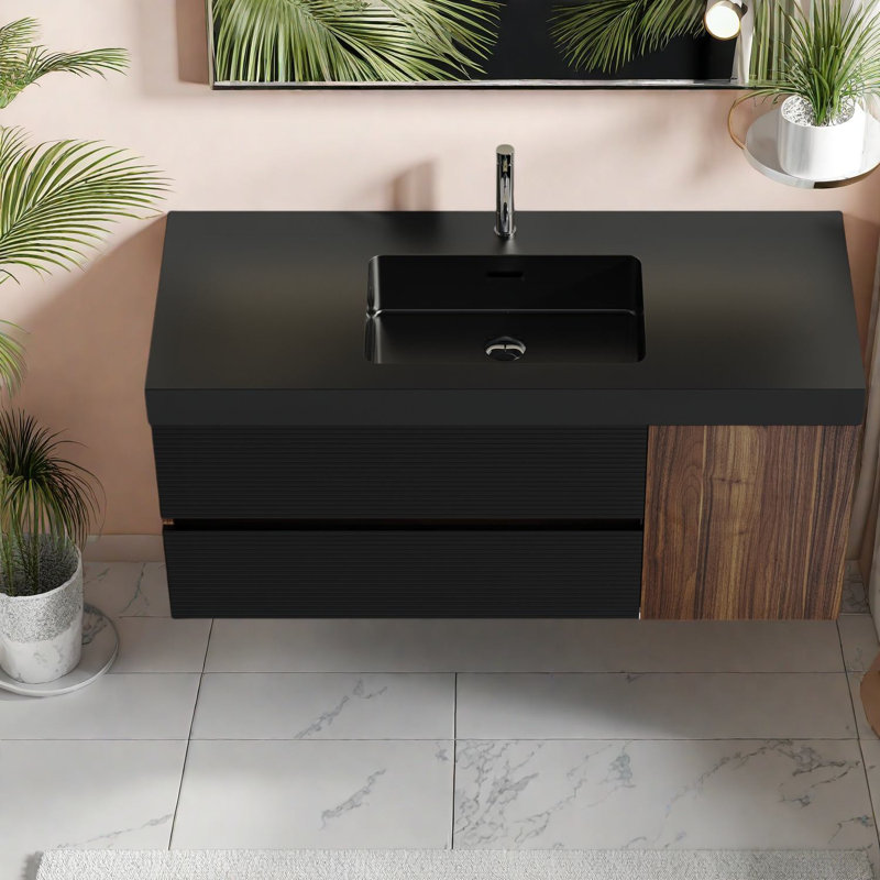 Meubles-lavabos modernes (incluant le meuble et le lavabo) avec rangement, meuble-lavabo suspendu en noyer de 48 pouces