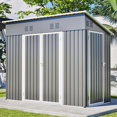 Remise de rangement 4X8 avec design, 4 bouches d'aération, métal robuste et porte gauche / droite pour le jardin, structure en métal renforcé, outil dans les espaces extérieurs