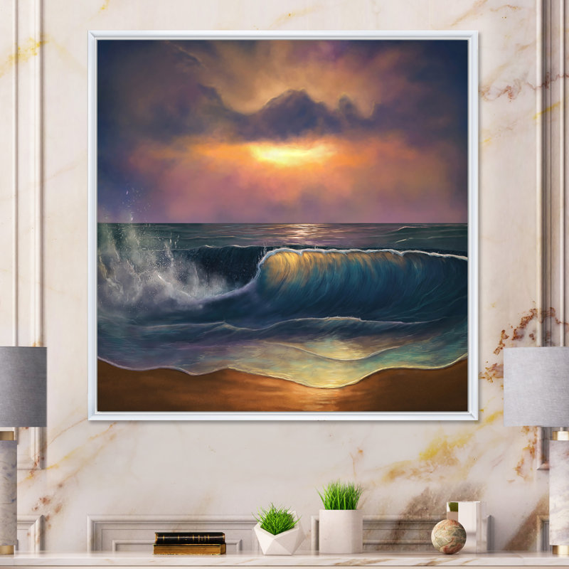Vagues de l'océan au lever du soleil - On, H 16 po x l 16 po x P 1 po, Toile encadrée flottée blanche