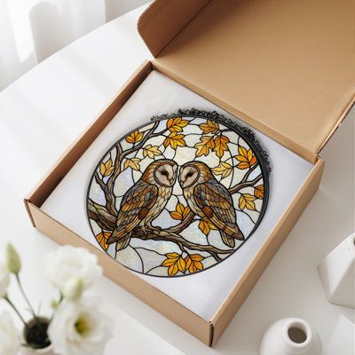 Owl Pair Stained Glass Window Panel，12"H