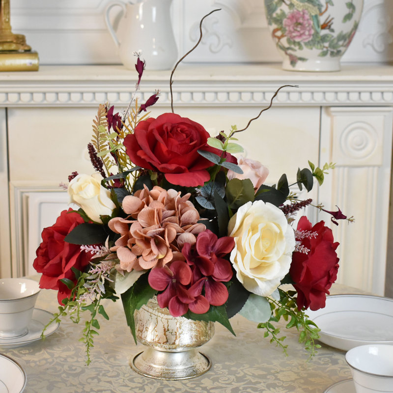 Red Rose and Hydrangea Silk Flower Design in Silver Vase