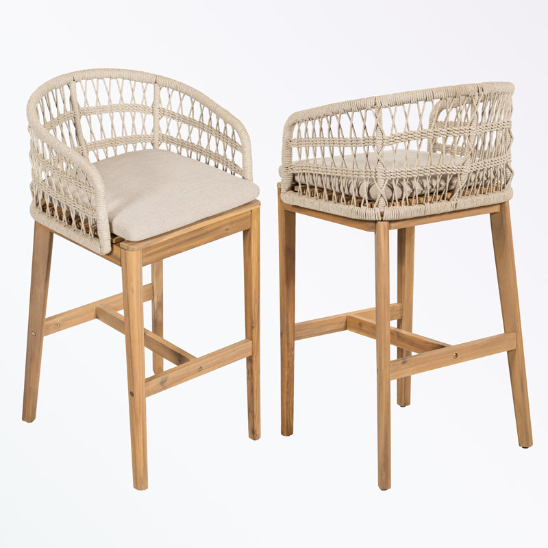 Ensemble de 2 tabourets d'extérieur en bois et corde avec coussin moelleux