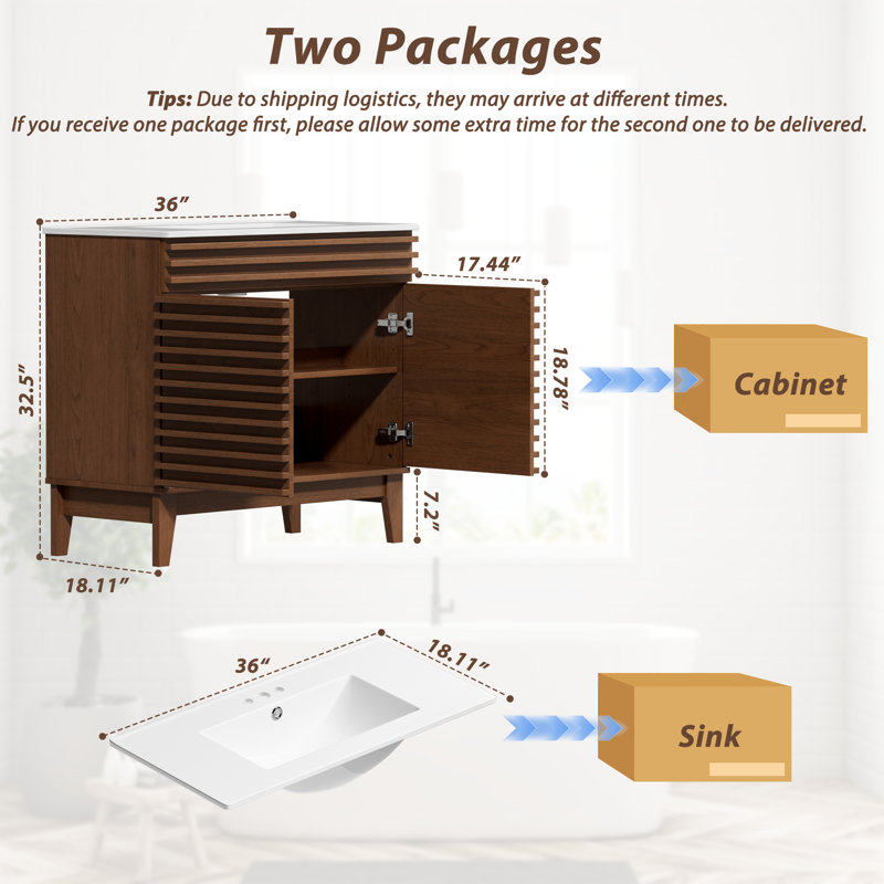 Katie With Sink, Mid-Century Freestanding Katie Sink With Storage, Undermount Ceramic Sink, Particleboard Frame With Wood Grain Laminate