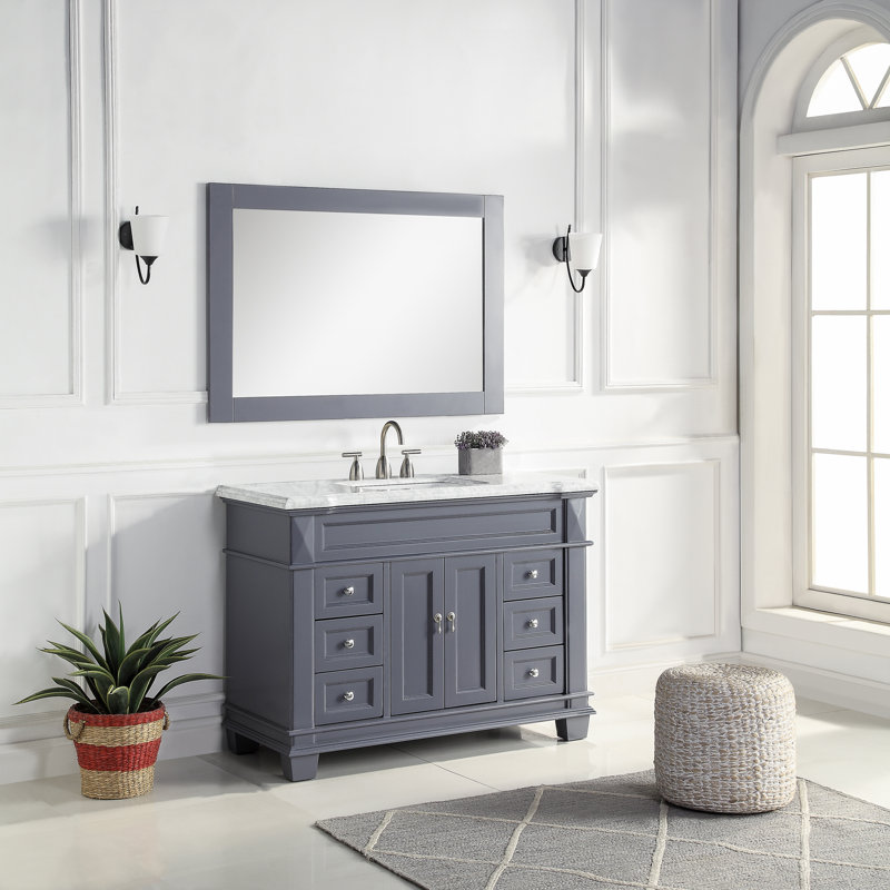 Aiyza 48 in. W x 22 in. Single Sink Freestanding Bath Vanity in Charcoal Grey with Carrara Marble Top, Grey