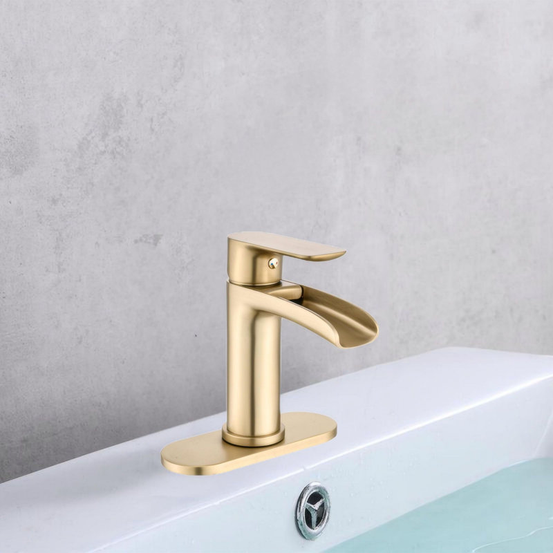 Waterfall Single Handle Bathroom Sink Faucets With Pop Up Drain, Brushed Gold