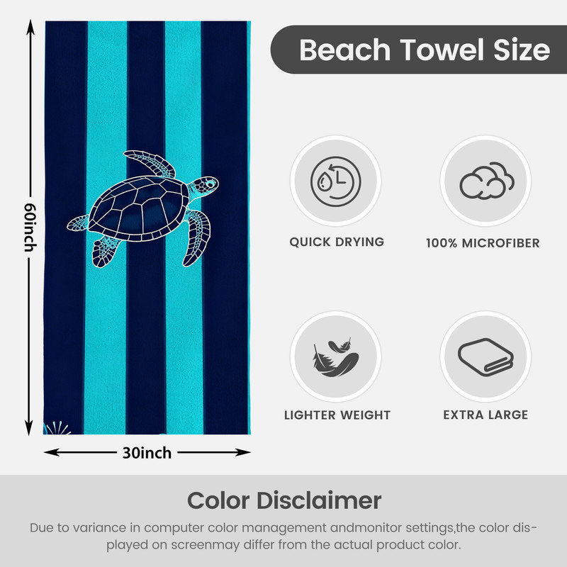 Serviette de plage en microfibre légère, absorbante et sans décoloration, 30 po x 60 po, Tortue de mer rayée
