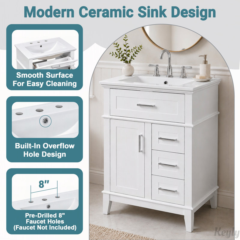 Meuble-lavabo 24 po avec lavabo en céramique, White