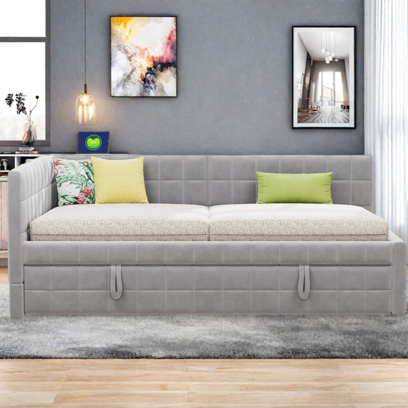 Lit de jour rembourré en forme de L avec couchette escamotable, ports USB et motif carré, Gris