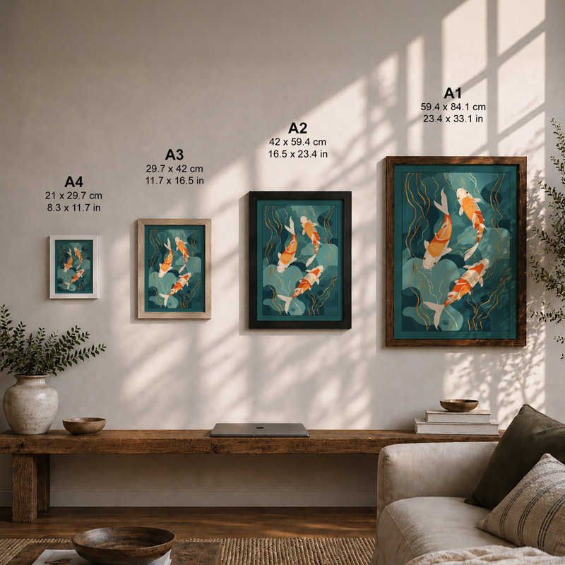 Koi in Garden Japandi - Framed Print, A3 - 42.0 x 29.7 cm, White