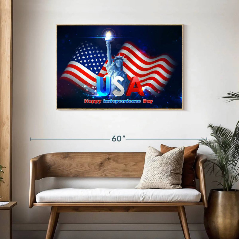 Statue de la liberté, drapeau des États-Unis, Cadre flottant en bois naturel, 43 po x 29 po